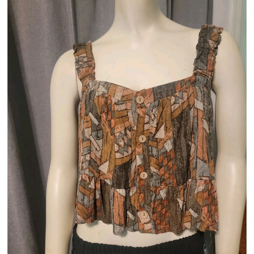 Y2K Babydoll Cami Top Tiered Ruffle Cropped Fairy Grunge Boho Geometric Plaid S